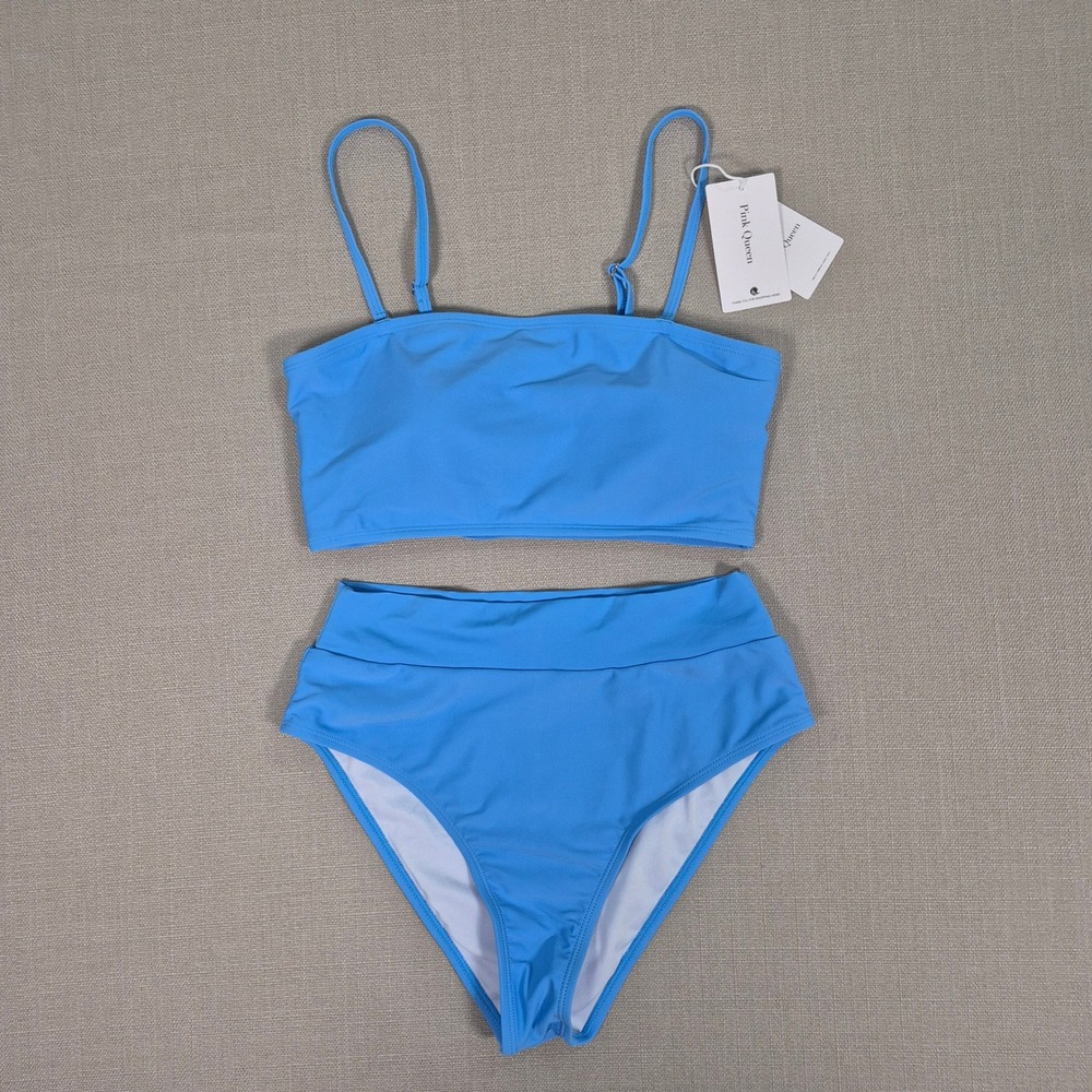 Pink Queen Womens High Waist Bikini Set Removable Strap Bandeau Swimsuit Blue M
